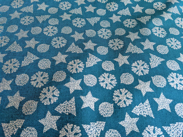 Bottle Green And Gold Cotton Fabric Christmas Snowflakes Xmas Tree Star Fabric, Festive Fabric, Holiday Fabric